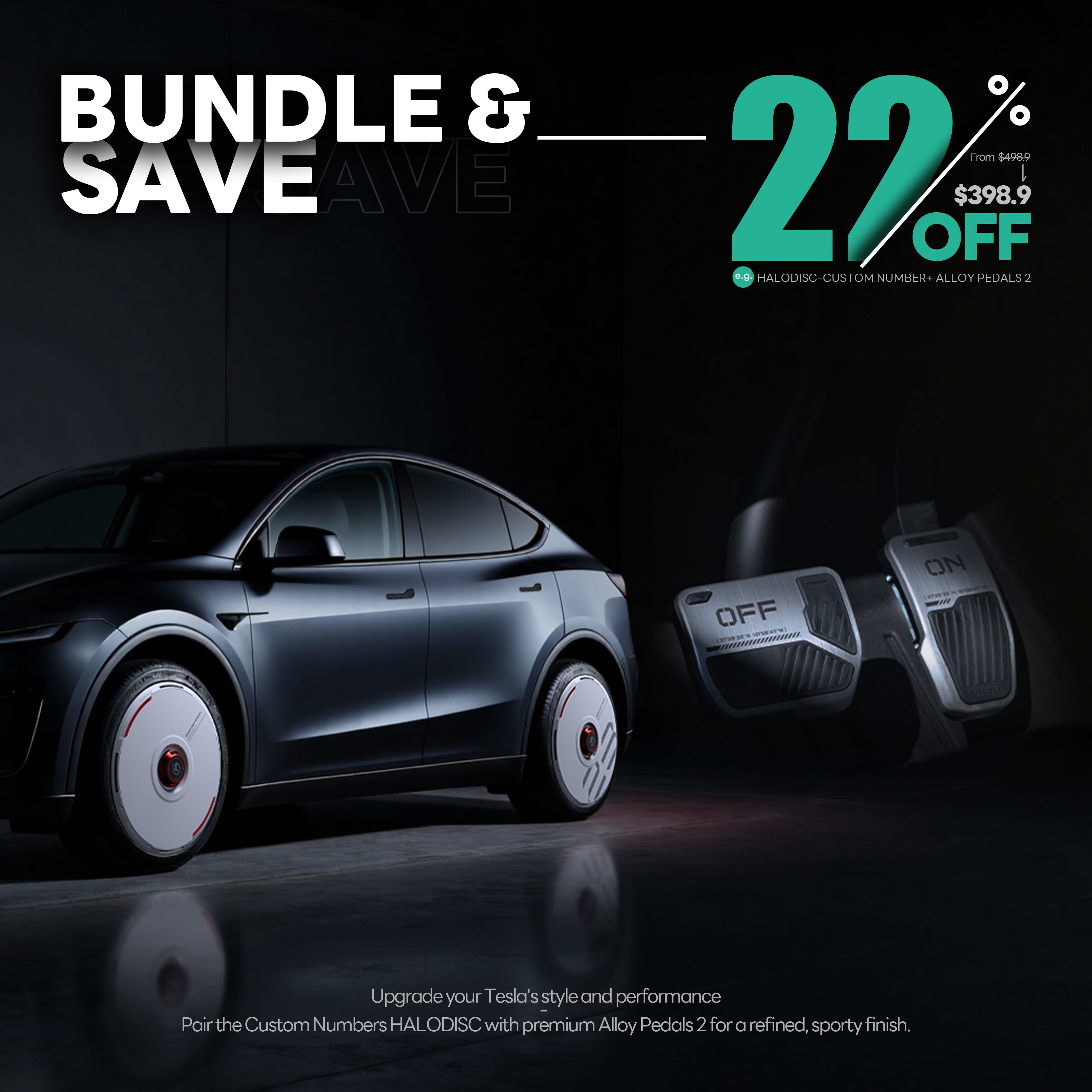 HALODISC 2 | Custom Numbers Wheel Covers (White) + Alloy Pedals 2 for Tesla