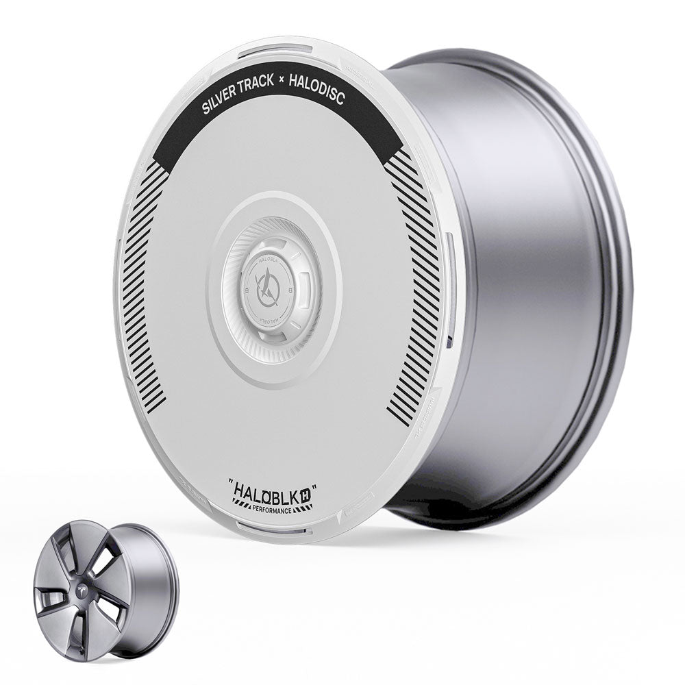 The HALODISC 2 Wheel Cover for Tesla Model 3 2017-2023 18" Aero Wheels by HALOBLK Store is shown with a white disc labeled "SILVER TRACK x HALODISC" and "HALOBLKD PERFORMANCE." A smaller uncovered wheel appears for comparison.