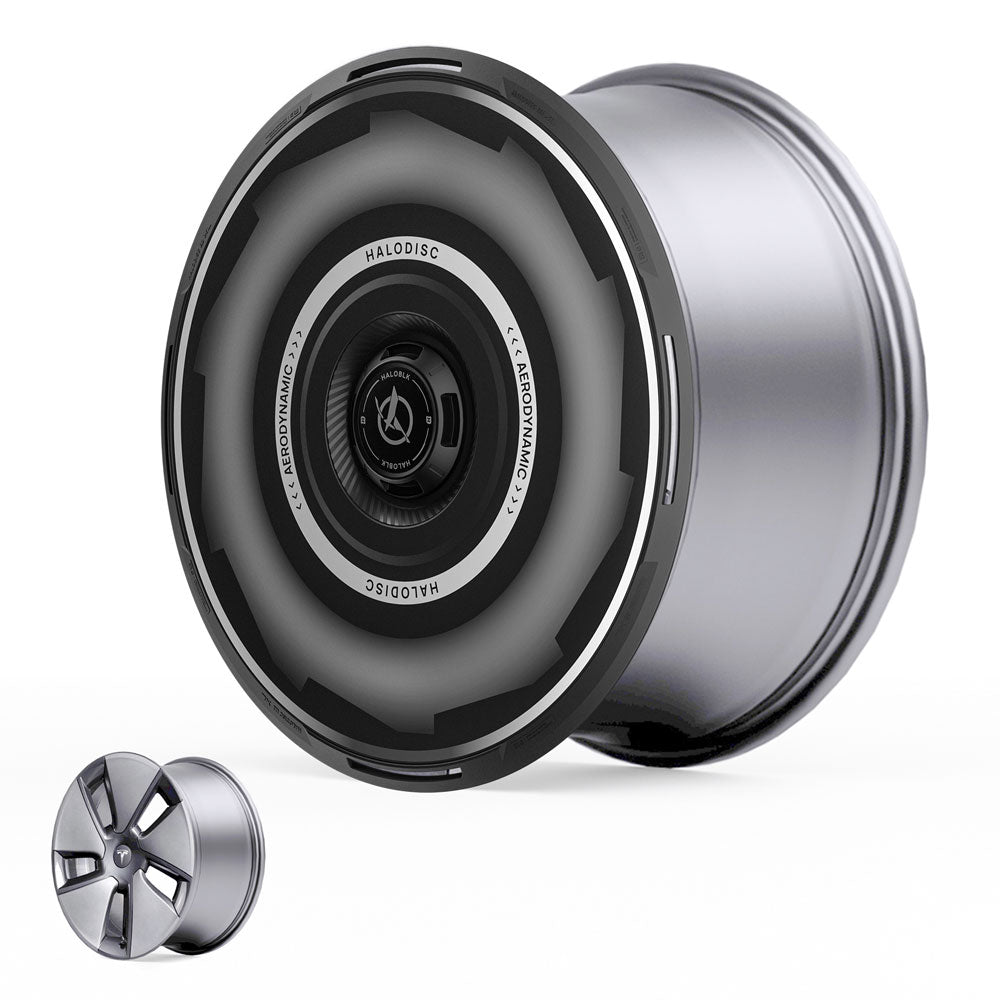 The HALODISC 2 Wheel Covers for Tesla Model 3 2017-2023 18" Aero Wheels by HALOBLK Store feature a sleek, modern disc-like design in the foreground, with a traditional five-spoke alloy wheel shown behind for comparison.