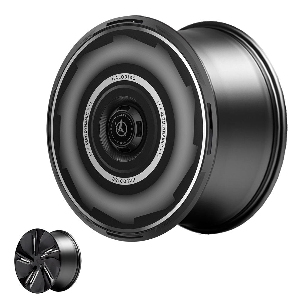 The HALODISC 2 Wheel Covers by HALOBLK Store fit Tesla Model Y Juniper 19" Crossflow Wheels, showcasing a sleek, black aerodynamic design with circular patterns and Vision-GT style; an alternate version offers a simpler spoke look.