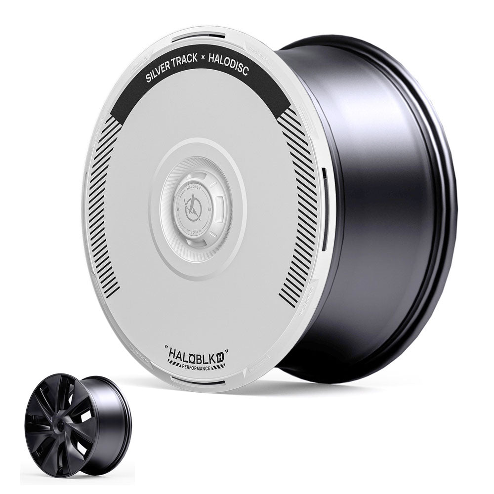 A black Tesla Model Y 19" Gemini wheel rim, partly covered by a white, disc-shaped HALOBLK HALODISC 2 cap labeled "Silver Track." A smaller image displays the multi-spoke rim without the cover.