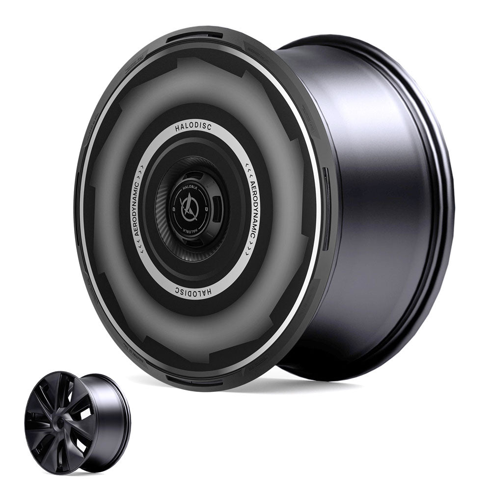 The HALODISC 2 Wheel Cover by HALOBLK Store fits Tesla Model Y 19" Gemini Wheels and features a modern, flat disc design in black and silver. A small image at the corner shows an alternate view with traditional spoke styling.