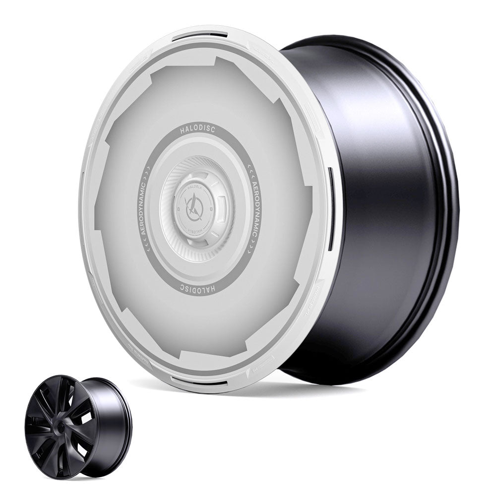 The HALODISC 2 Wheel Covers by HALOBLK Store for Tesla Model Y 19" Gemini Wheels (Vision-GT) are shown in black with a sleek, modern closed disc design, compared to a smaller rim with a traditional exposed spoke style.