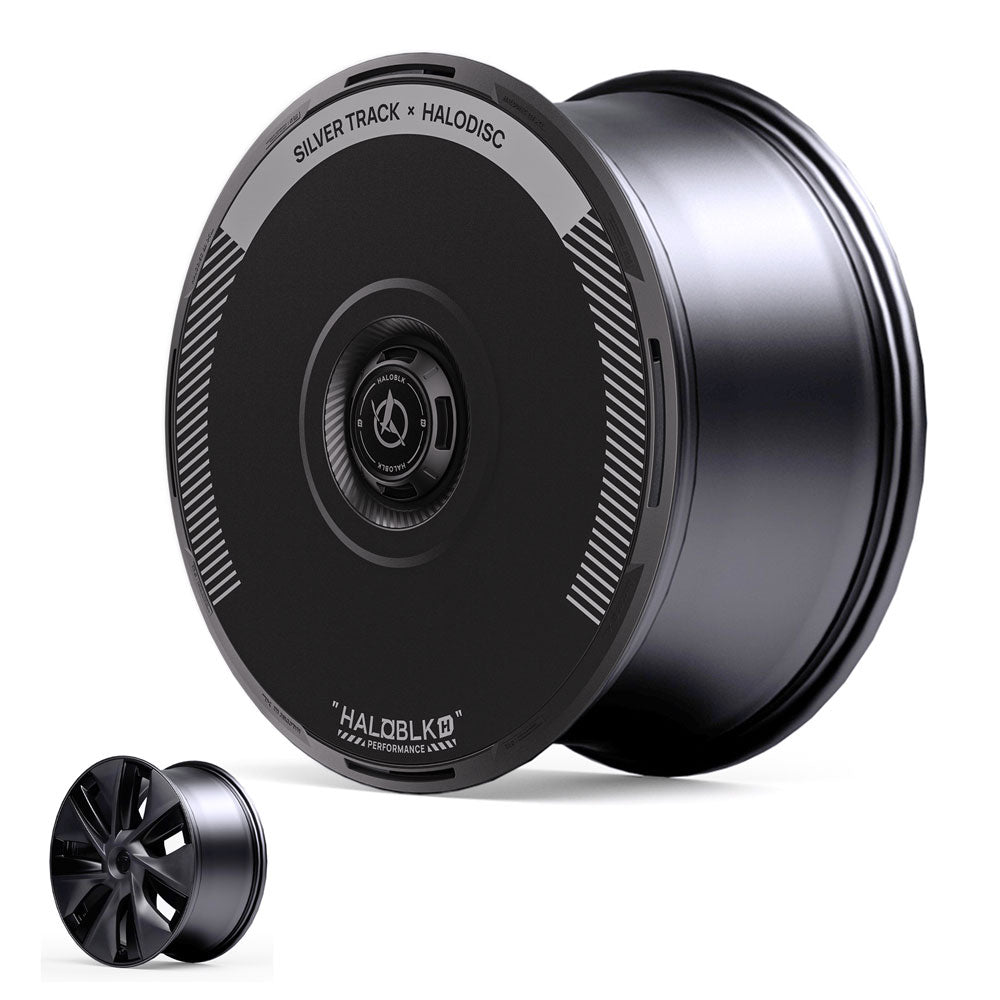 A sleek, black HALODISC 2 Wheel Cover by HALOBLK Store for Tesla Model Y 19" Gemini Wheels (Silver Track), shown angled with a solid disc design; a corner image features the spoked version.