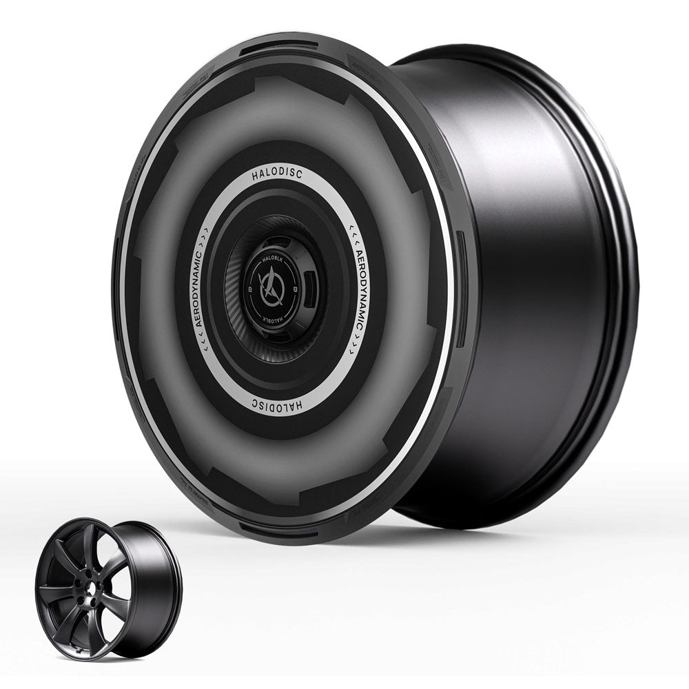 The HALODISC 2 Wheel Covers for Tesla Model 3 2017-2018 19" Performance Wheels by HALOBLK Store feature a sleek, futuristic disc-like design, shown beside a standard multi-spoke alloy wheel for comparison.