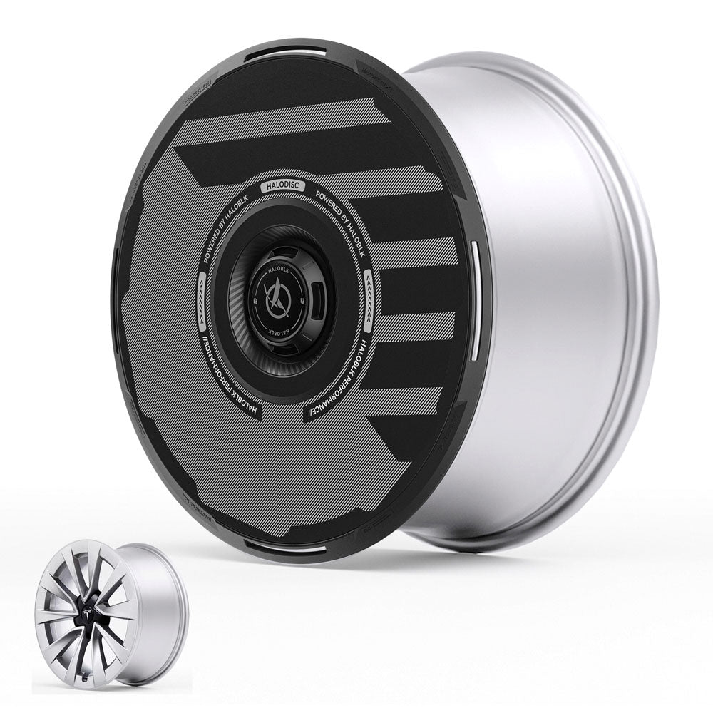 The HALODISC 2 Wheel Covers for Tesla Model 3 2019-2023 19" Sport Wheels by HALOBLK Store feature a modern black aerodynamic cover on a silver rim, shown with and without the cover to display different style options.