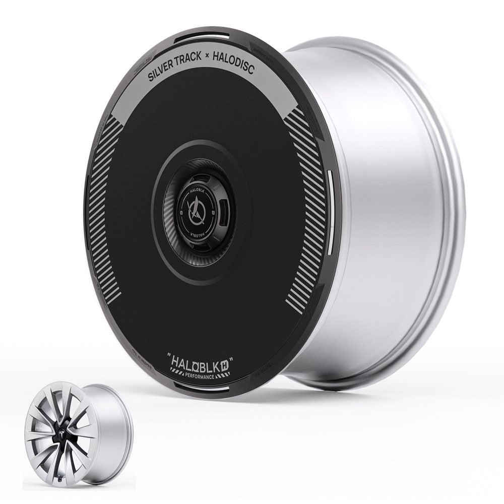 The HALODISC 2 Wheel Covers for Tesla Model 3 2019-2023 19" Sport Wheels in Silver Track by HALOBLK Store feature a silver and black design. An inset image displays the wheel’s spoke design without the cover.