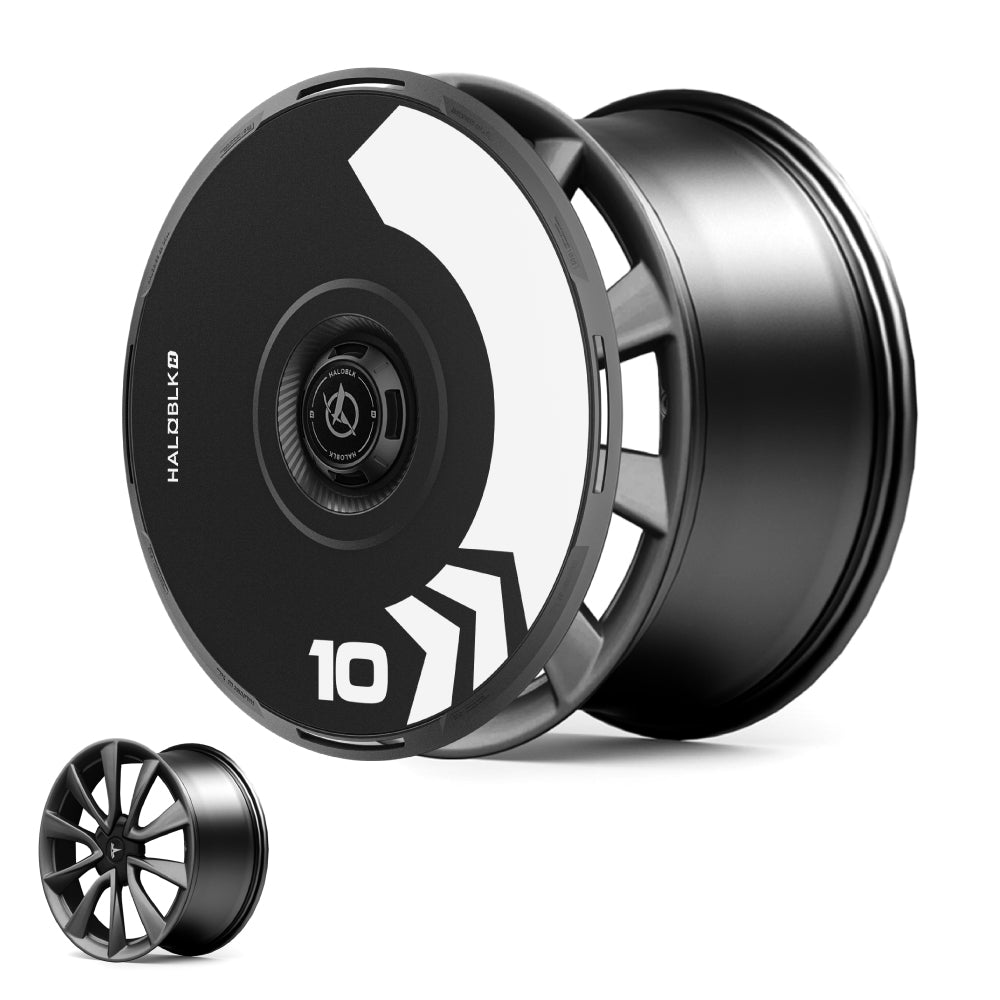 The HALODISC 2 Wheel Covers for Tesla Model 3 2018-2023 19" Stiletto Wheels by HALOBLK Store feature a matte black, partially covered design with bold white geometric shapes and the number 10; a smaller image shows a standard open-spoke rim.