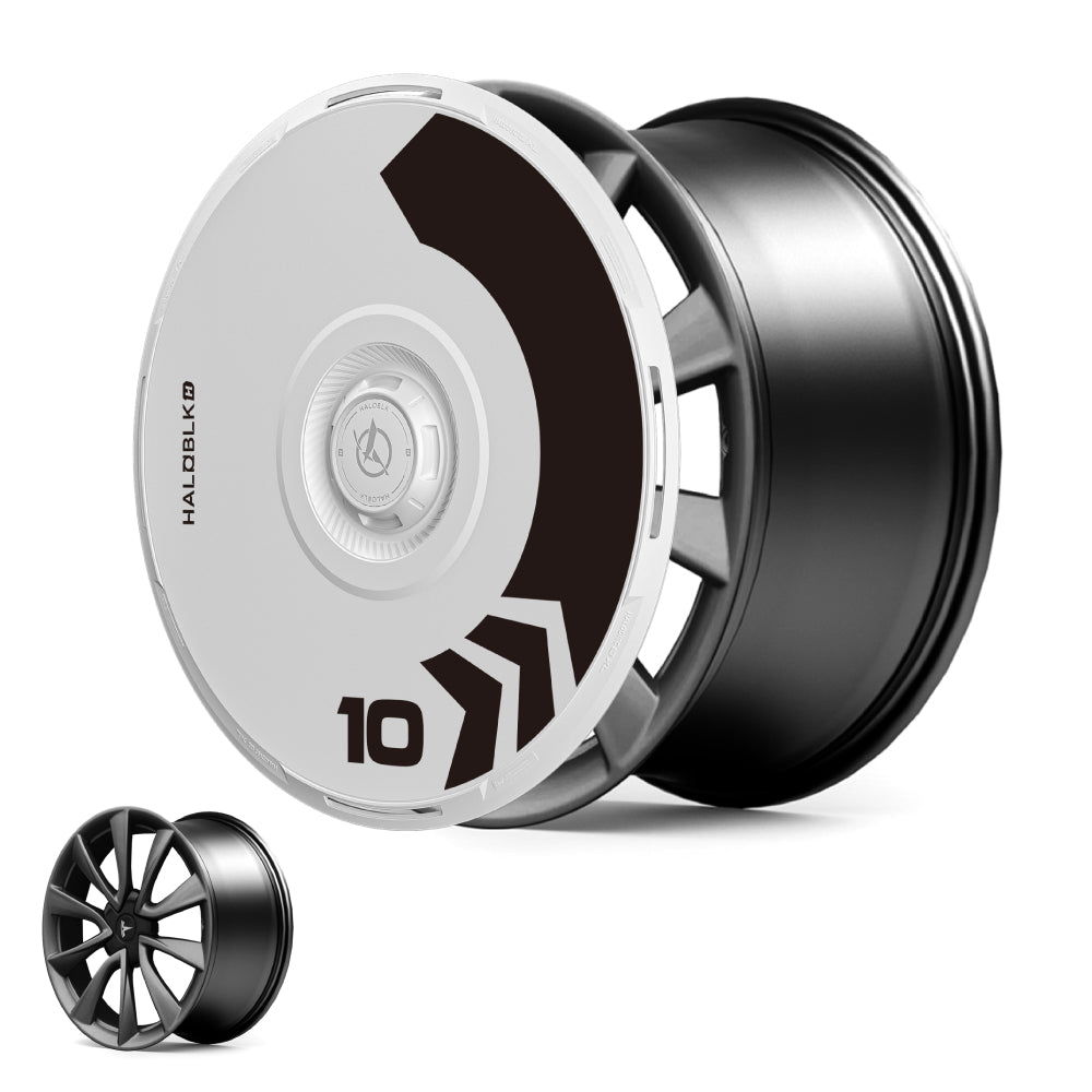Two Tesla Model 3 Stiletto wheel covers from HALOBLK Store are shown: one in plain black with a modern look, and the other with black and white geometric patterns, the number 10, and HALOBLK.10 text near the edge.