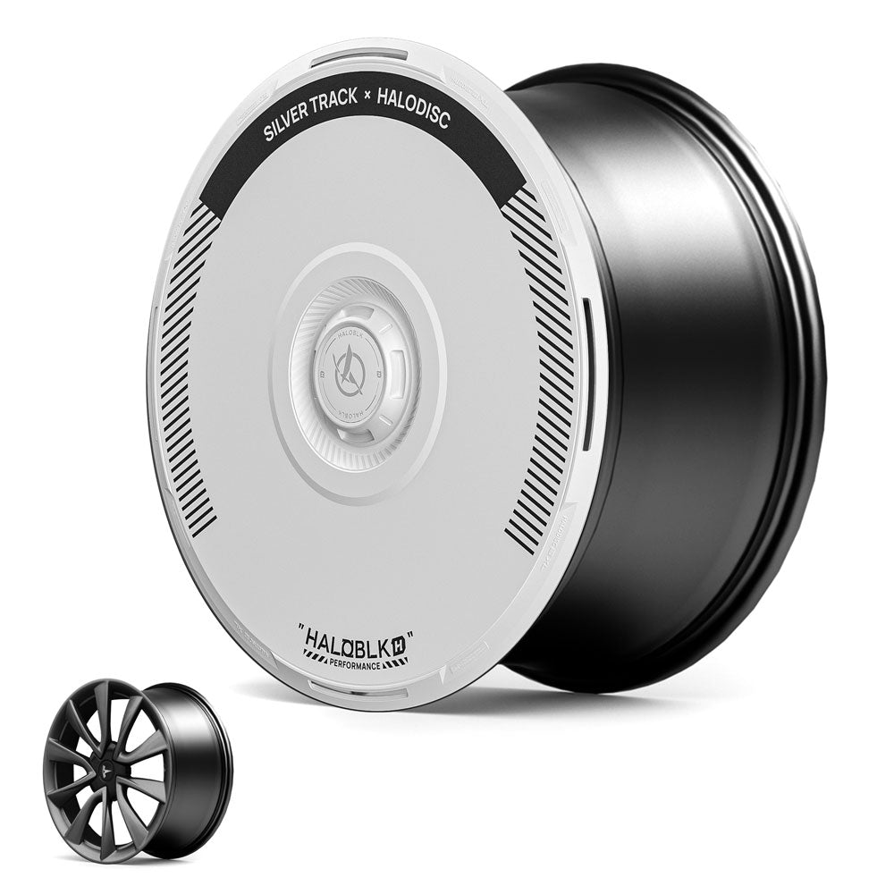 A black Tesla Model 3 (2018-2023) 19" Stiletto wheel with a smooth white HALODISC 2 Wheel Cover (Silver Track) from HALOBLK Store is shown next to a standard black rim without a cover for comparison.