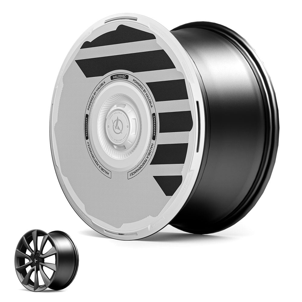 The HALODISC 2 Wheel Covers by HALOBLK Store for Tesla Model 3 2018-2023 19" Stiletto Wheels are shown in white and black alongside a standard alloy wheel, both on a plain white background.