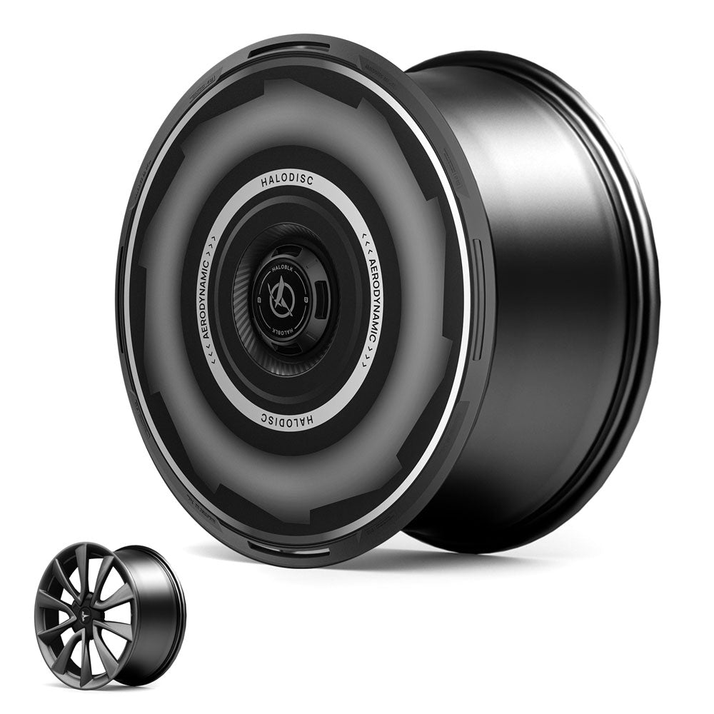 The HALODISC 2 Wheel Cover for Tesla Model 3 2018-2023 20" Performance Wheels by HALOBLK Store is shown in matte black on a car wheel rim, with a smaller image of a standard multi-spoke alloy rim beside it on a white background.