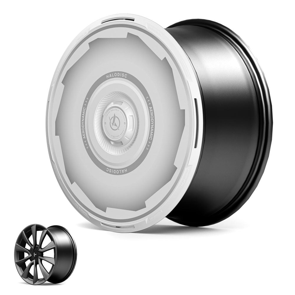 The image shows the HALODISC 2 Wheel Covers for Tesla Model 3 2018-2023 20" Performance Wheels by HALOBLK Store in black and silver, featuring a modern design. A smaller inset compares it with a traditional spoke-style rim on a white background.