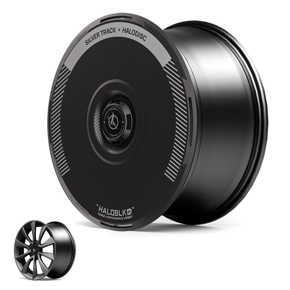 A black HALODISC 2 Wheel Cover by HALOBLK Store for Tesla Model 3 2018-2023 19" Stiletto Wheels (Silver Track) has a solid, disc-like face; a smaller image compares it to a traditional multi-spoke rim.