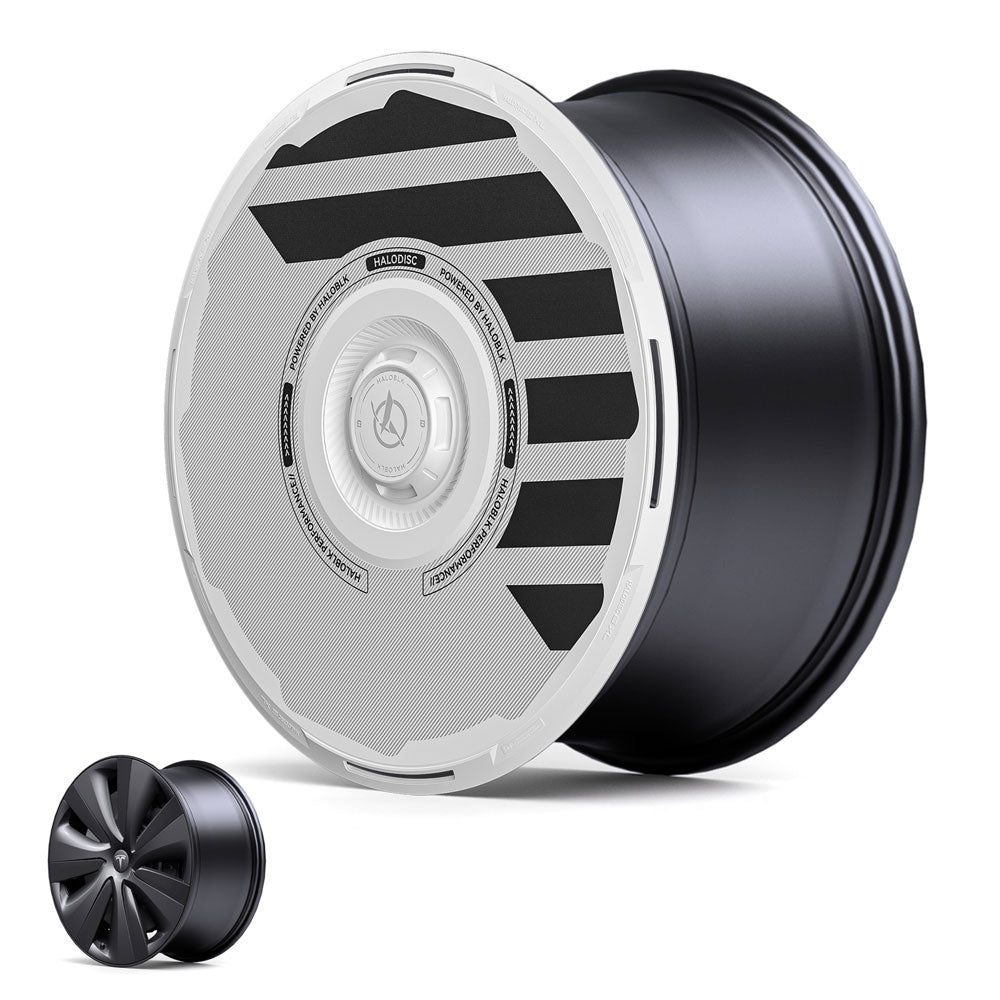 The HALODISC 2 Wheel Covers from HALOBLK Store for Tesla Model S 19" Tempest Wheels feature a unique modern black and white design with diagonal stripes, shown beside a smaller, plain black rim.