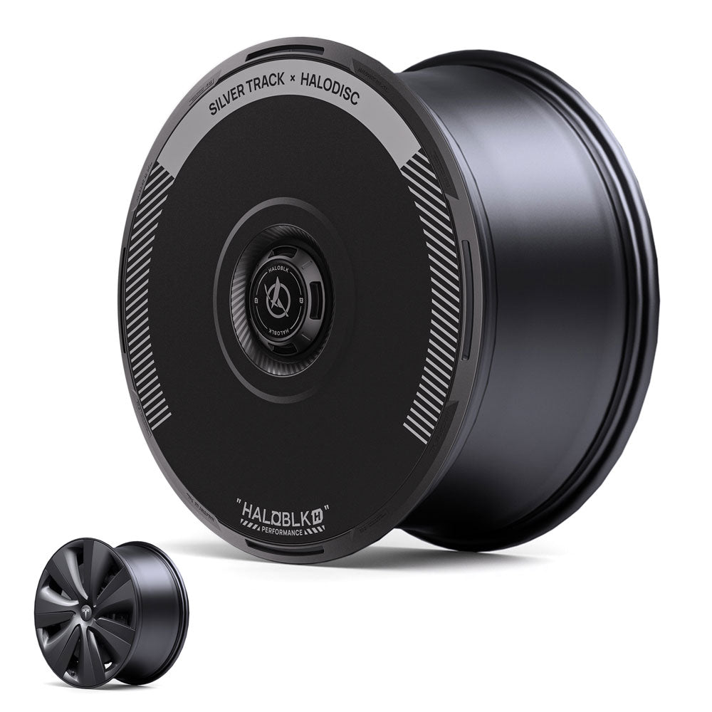 HALOBLK Store’s HALODISC 2 Wheel Covers for Tesla Model S 19" Tempest Wheels feature a sleek black, minimalist design with “SILVER TRACK x HALODISC” text, subtle silver details, and a five-spoke pattern on the smaller cover.