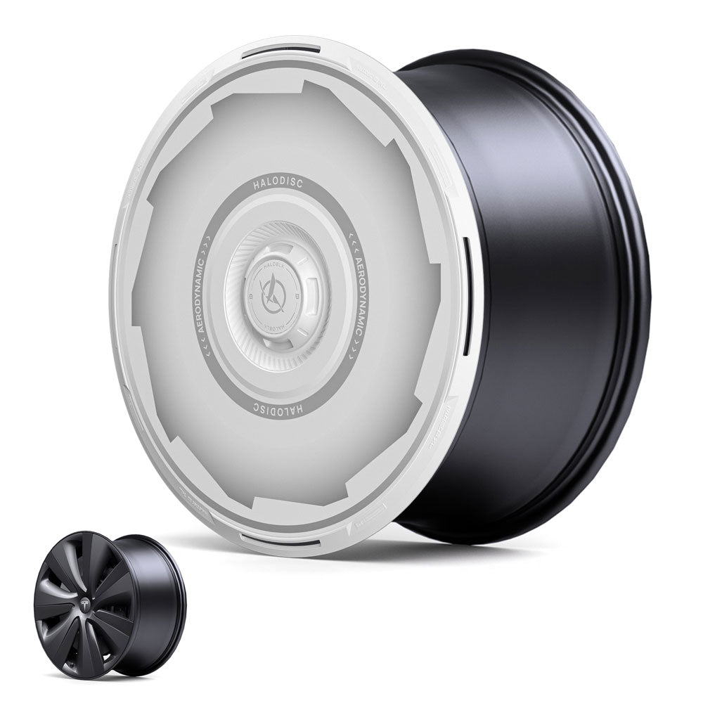 The HALODISC 2 Wheel Covers for Tesla Model S 19" Tempest Wheels by HALOBLK Store are shown: a large, black rim with a sleek white Vision-GT disc cover and a smaller spoke-style rim to the left for comparison.