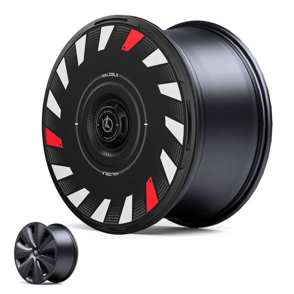 The HALODISC 2 Wheel Covers for Tesla Model S 19" Tempest Wheels by HALOBLK Store feature a unique flat black face with white and red geometric accents, shown next to a more traditional black rim for comparison.