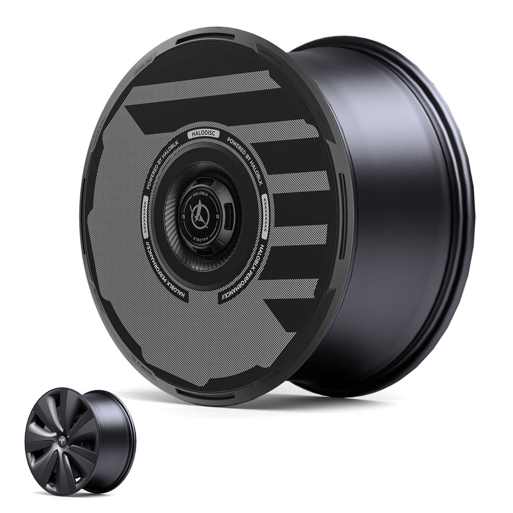 The HALODISC 2 Wheel Covers by HALOBLK Store for Tesla Model S 19" Tempest wheels feature a matte black, modern angular design with a central cap, shown angled. A smaller, traditional black wheel is displayed in the lower left for comparison.