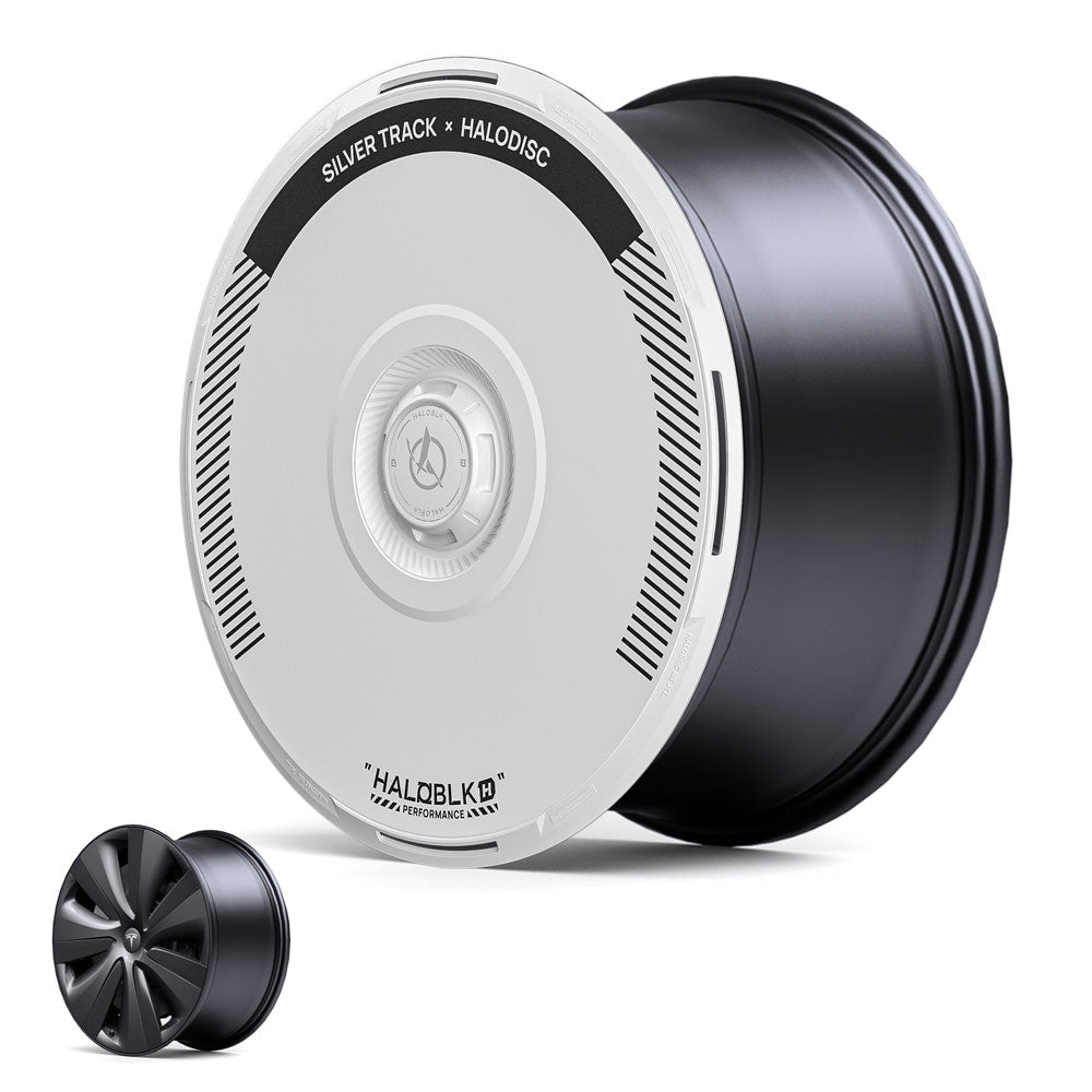A set of car wheels: one with a matte black five-spoke rim, the other with a HALODISC 2 aerodynamic white cover labeled "SILVER TRACK × HALODISC" from HALOBLK Store, designed for Tesla Model S 19" Tempest Wheels.