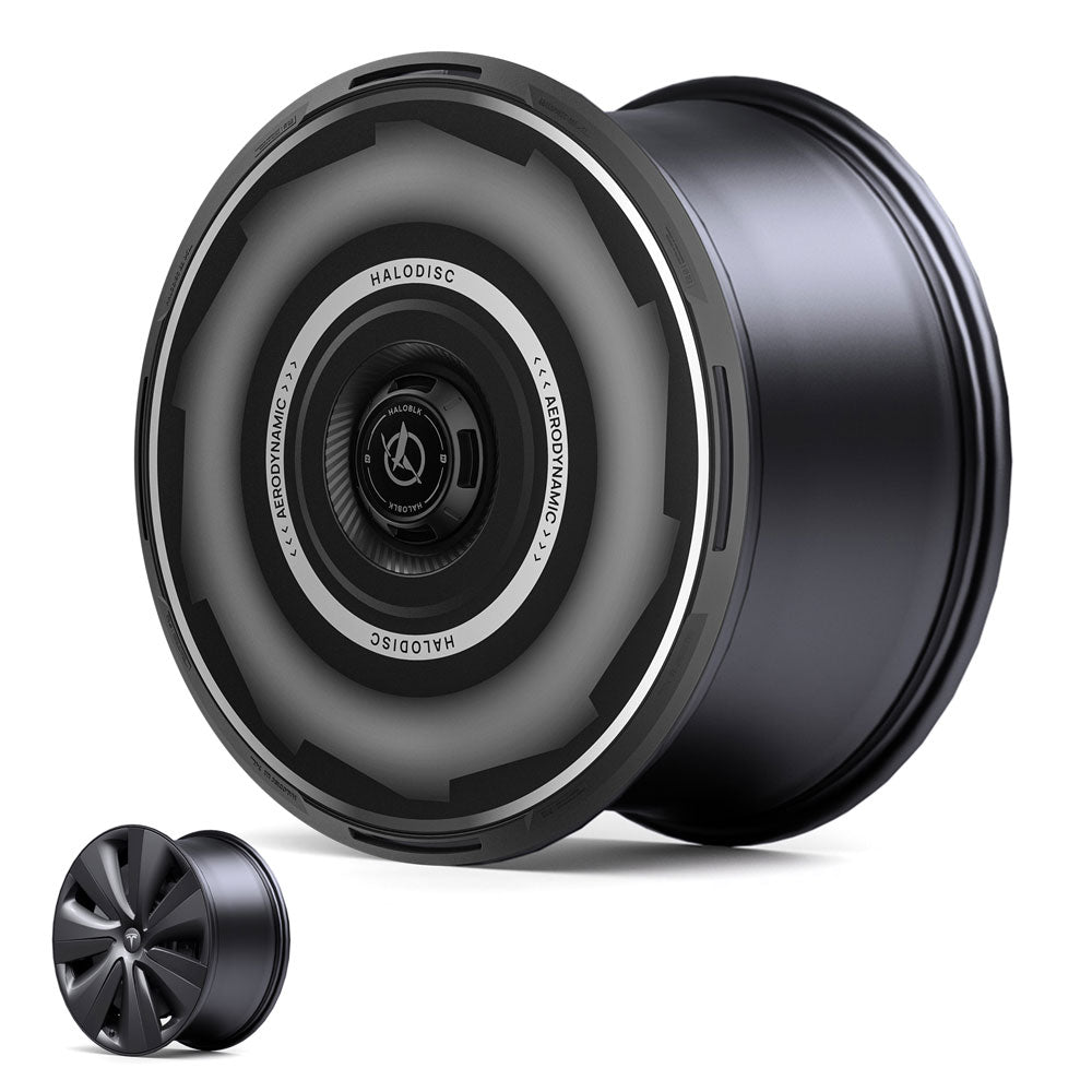 A close-up shows a black Tesla Model S 19" Tempest wheel fitted with a sleek HALODISC 2 Wheel Cover by HALOBLK Store (Vision-GT). Inset: the full wheel with the cover attached.