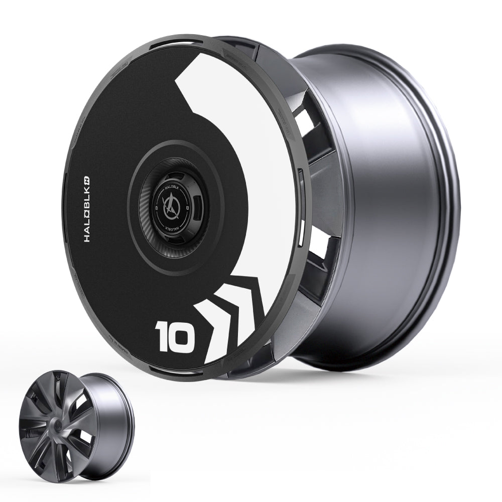 A sleek, modern HALODISC 2 Wheel Cover (Arrow) from HALOBLK Store fits Tesla Model Y 19" Gemini wheels. The black and white aerodynamic cover, labeled "10" and "HALOCBK10," is shown with and without the rim's multiple spokes.