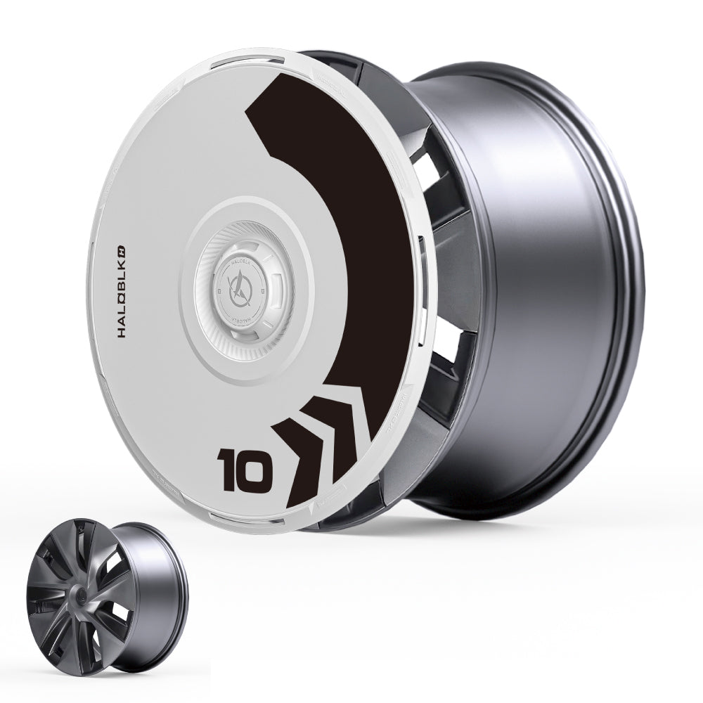 A Tesla Model Y 19" Gemini wheel with HALODISC 2 Arrow covers from HALOBLK Store features a sleek black and white aerodynamic design, partially hiding the spokes. An inset shows the same wheel without the cover.
