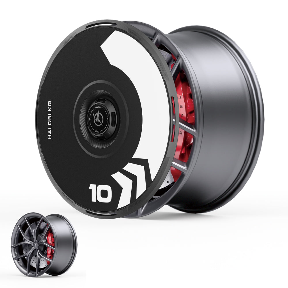 The HALODISC 2 Wheel Covers for Tesla Model 3 2019-2023 (19" Zero-G Wheels) by HALOBLK Store feature a black and white aerodynamic design, number 10 with chevron graphics, red rim accents, and reveal intricate spokes when removed.