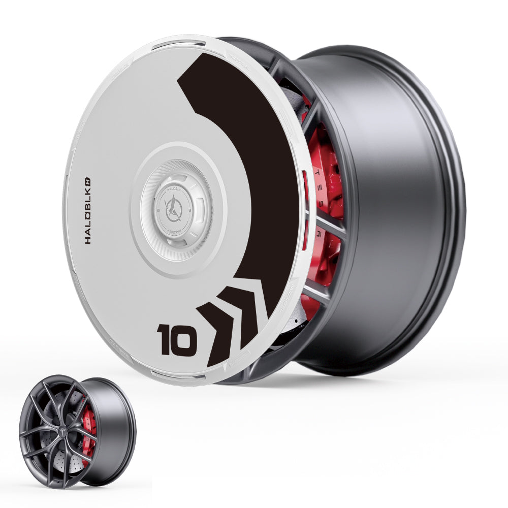 The HALODISC 2 Wheel Covers for Tesla Model 3 2019-2023 19" Zero-G Wheels by HALOBLK Store feature a sleek black and white arrow design with the number 10, partially exposing red spokes, plus a preview of the uncovered wheel below.
