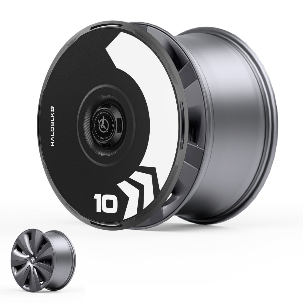 The HALODISC 2 Wheel Covers for Tesla Model S 19" Tempest Wheels by HALOBLK Store feature a large, futuristic black and white disc with “10” and bold arrow graphics; a smaller uncovered wheel is shown in the lower left corner.