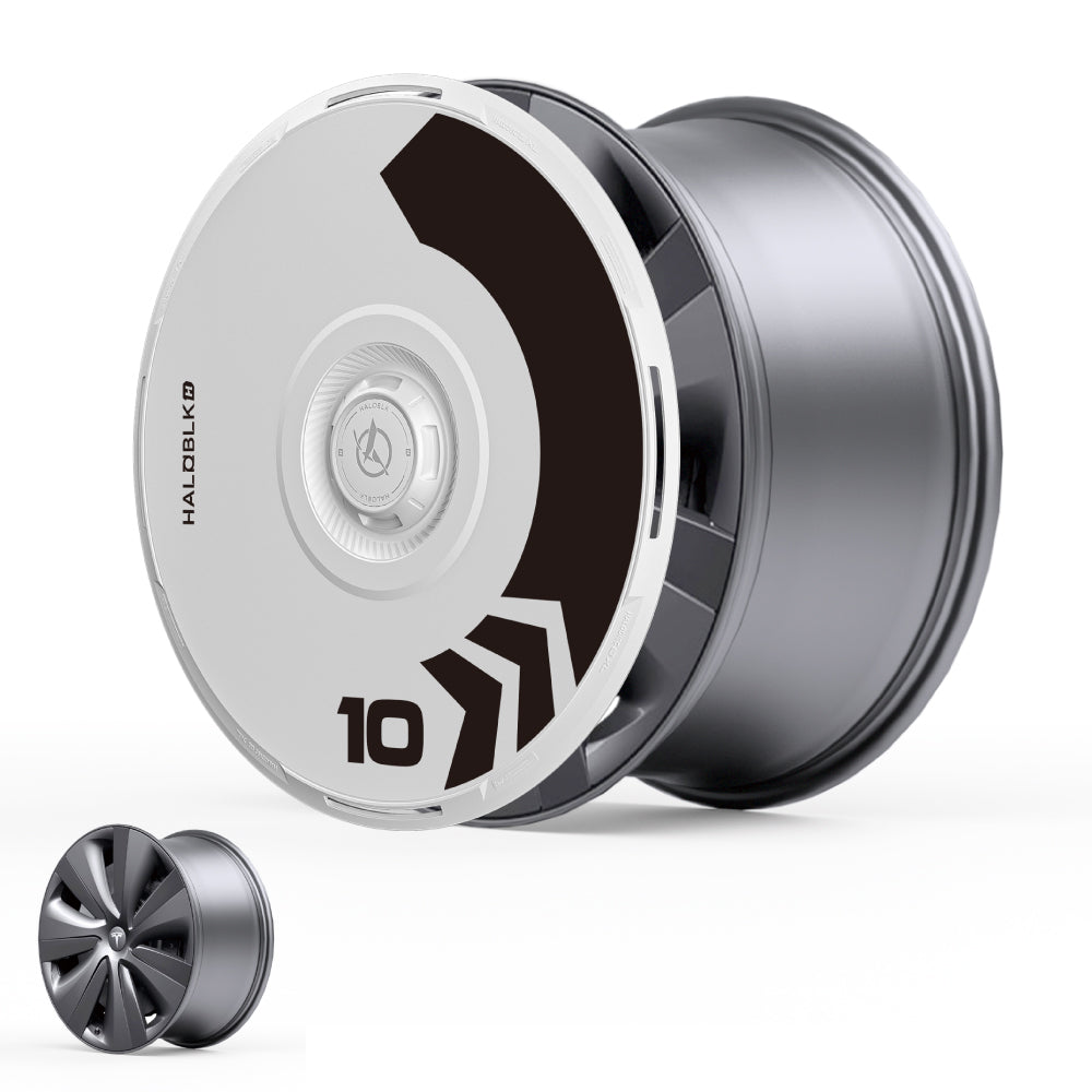 The HALOBLK Store HALODISC 2 Wheel Covers for Tesla Model S 19" Tempest Wheels feature a matte black rim with a removable white and black aerodynamic cover labeled "10," and a five-spoke design visible when the cover is removed.