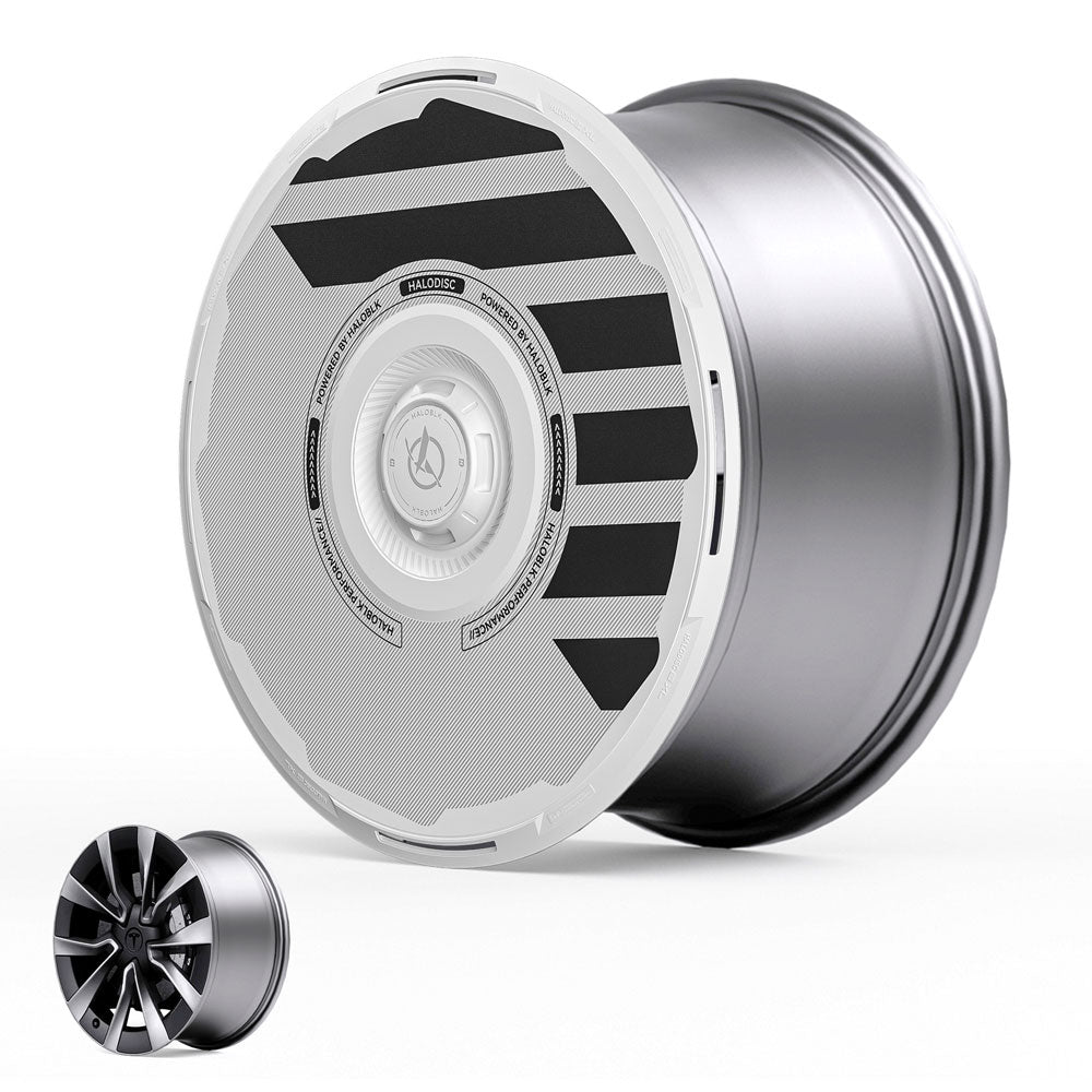 The HALODISC 2 Wheel Cover by HALOBLK Store fits Tesla Model 3 Highland 19" Nova Wheels. Shown in matte silver with a white, aerodynamic cover featuring black stripes; an inset shows the five split-spoke wheel without the cover.