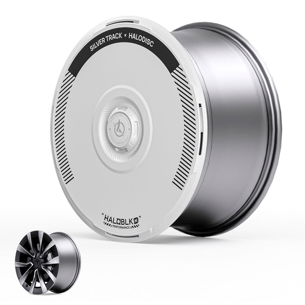 A silver, disc-shaped HALODISC 2 Wheel Cover for Tesla Model 3 Highland 19" Nova Wheels from HALOBLK Store, partially placed over a metallic rim. Inset displays the rim with and without the sleek Silver Track cover for comparison.