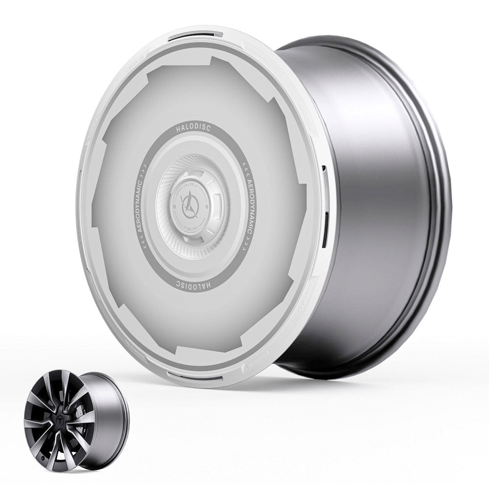 A silver Tesla Model 3 Highland 19" Nova wheel with a smooth, aerodynamic white HALODISC 2 cover from HALOBLK Store is shown beside a traditional multi-spoke rim for comparison. Suitable for Vision-GT.