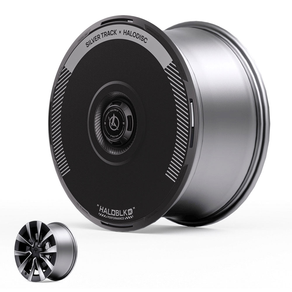 A sleek, metallic HALODISC 2 Wheel Cover for Tesla Model 3 Highland 19" Nova Wheels by HALOBLK Store features a solid black face with central logo and “Silver Track” label; inset shows it paired with a black multi-spoke wheel cover.