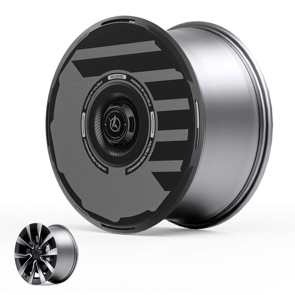 The HALODISC 2 Wheel Covers for Tesla Model 3 Highland 19" Nova Wheels from HALOBLK Store feature a sleek metallic rim with a patterned black disc cover and include an option showing the standard open-spoke design.