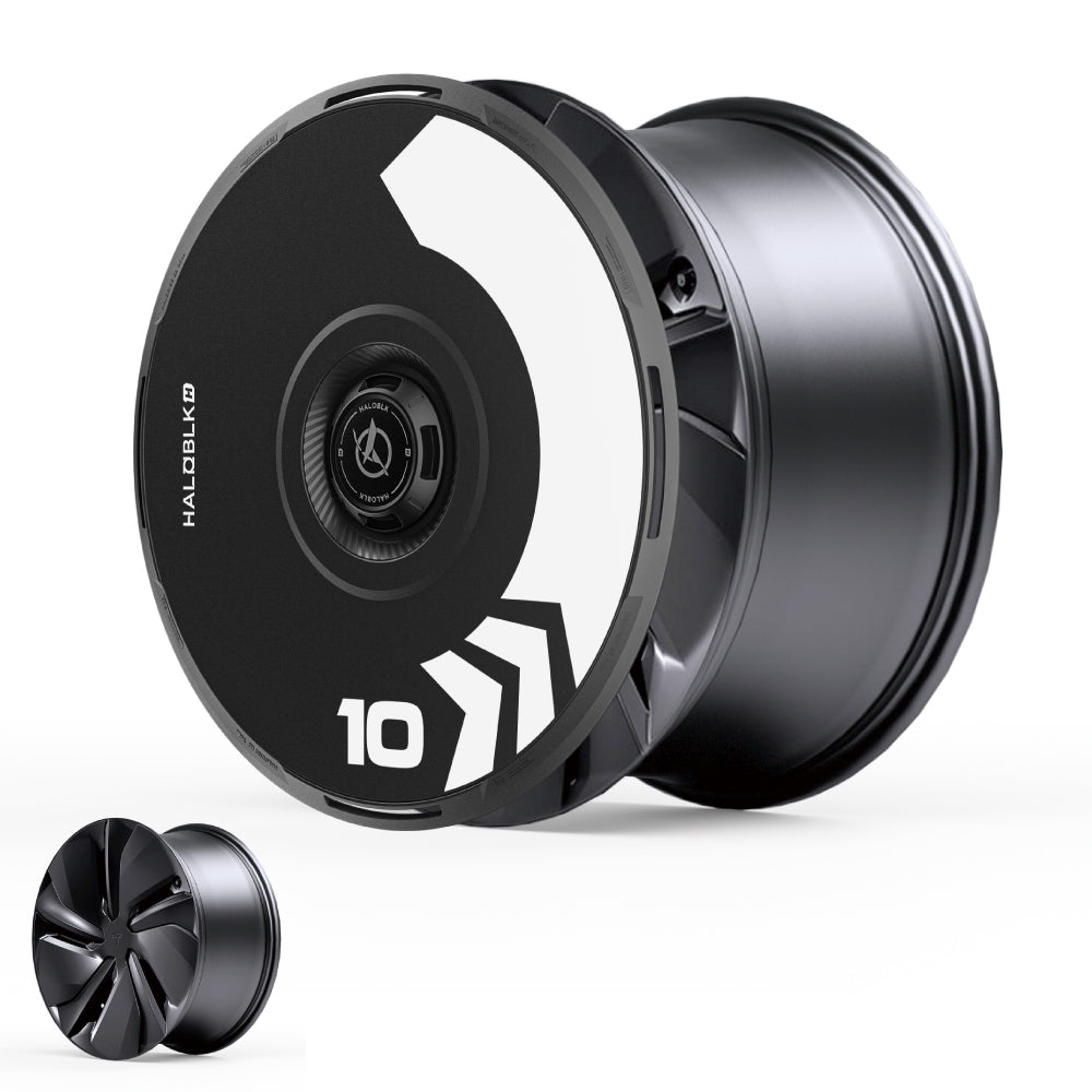 The HALODISC 2 Wheel Cover by HALOBLK Store for Tesla Model Y Juniper 19" Crossflow Wheels features a sleek black design with a white arrow graphic and the number 10; a smaller rear view appears in the bottom left corner.