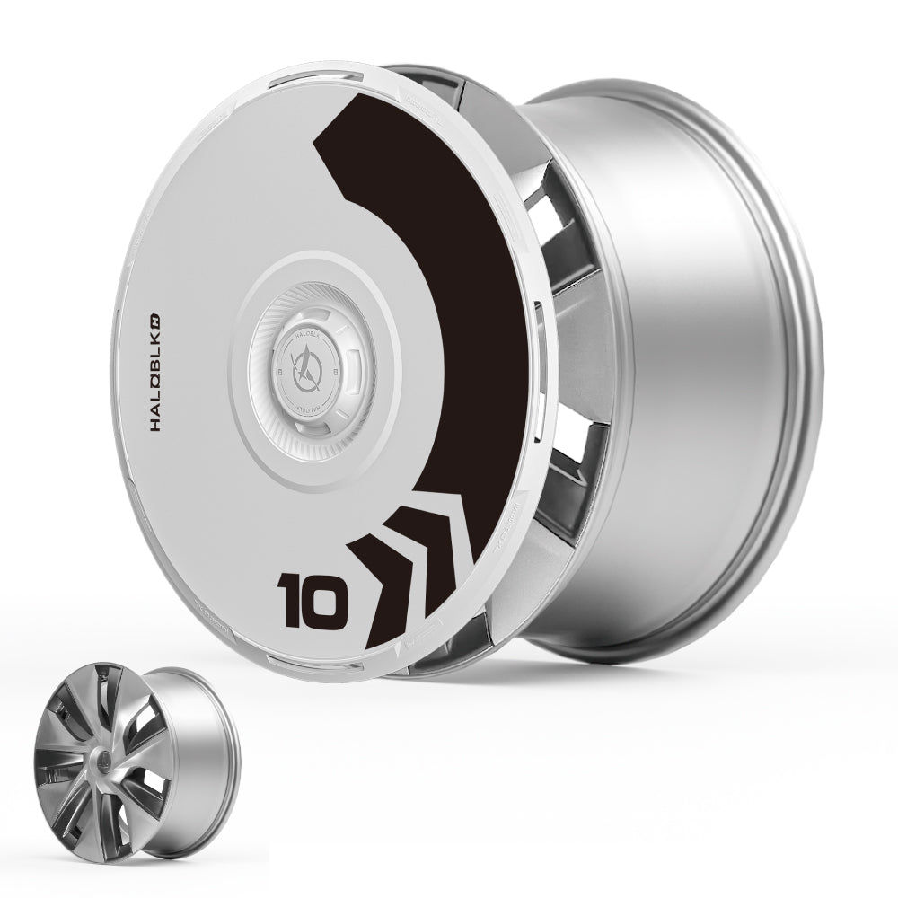 The HALODISC 2 Wheel Covers from HALOBLK Store fit Tesla Model 3 2017-2018 19" Power Sports Wheels, featuring a silver alloy base with a white and black aerodynamic arrow design and the number 10, shown alongside an uncovered wheel for comparison.