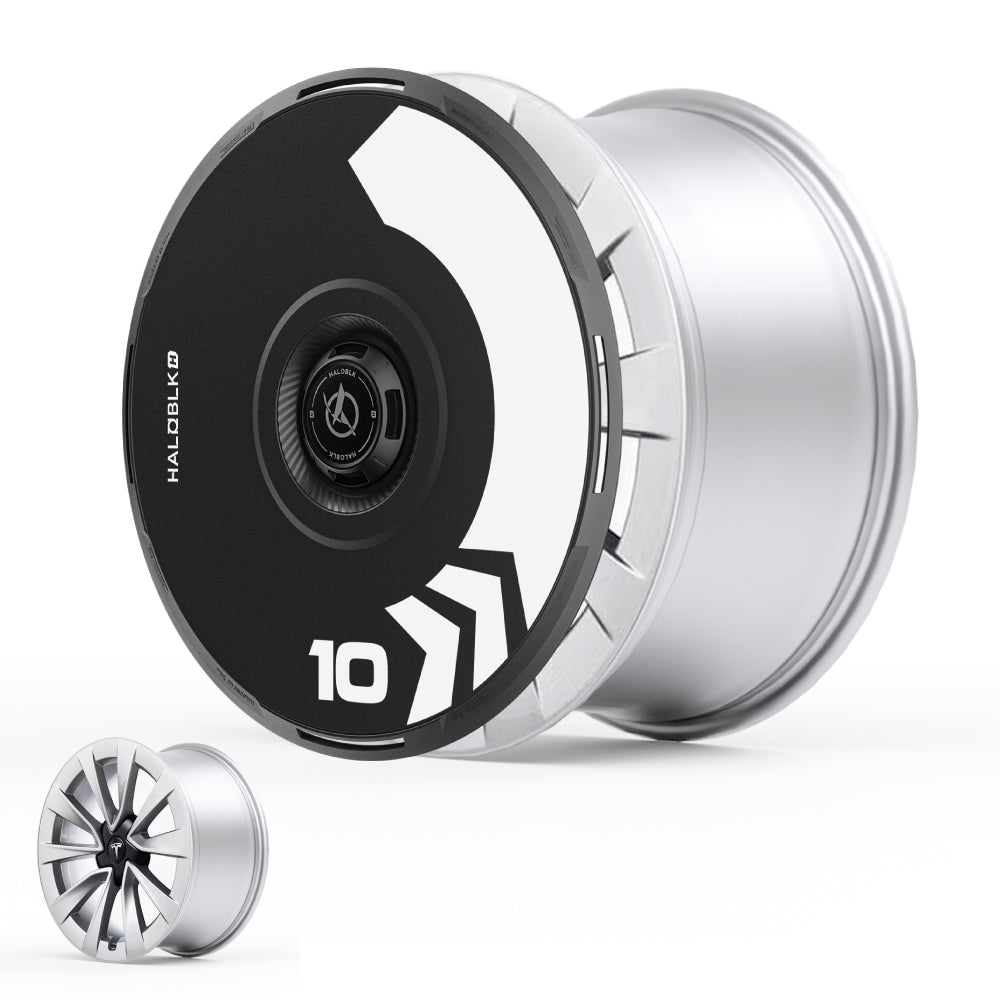 The HALODISC 2 Wheel Covers for Tesla Model 3 2019-2023 (19" Sport Wheels) by HALOBLK Store feature a modern silver rim with a black and white Arrow design displaying the number 10, plus an image of the uncovered rim below.