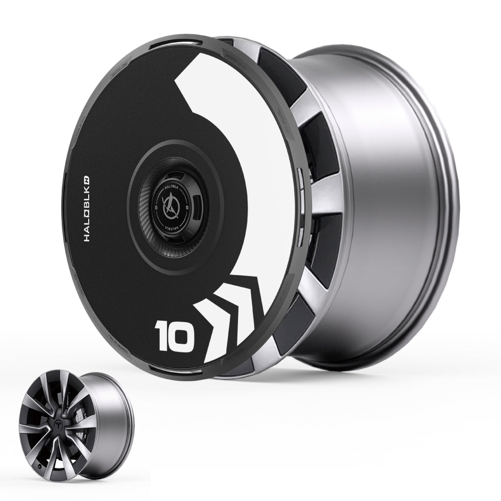 The HALODISC 2 Wheel Covers by HALOBLK Store for Tesla Model 3 Highland 19" Nova Wheels feature a sleek, metallic rim and a bold black-and-white cover labeled "10" and "HALOBLK10," with a multi-spoke design visible without the cover.