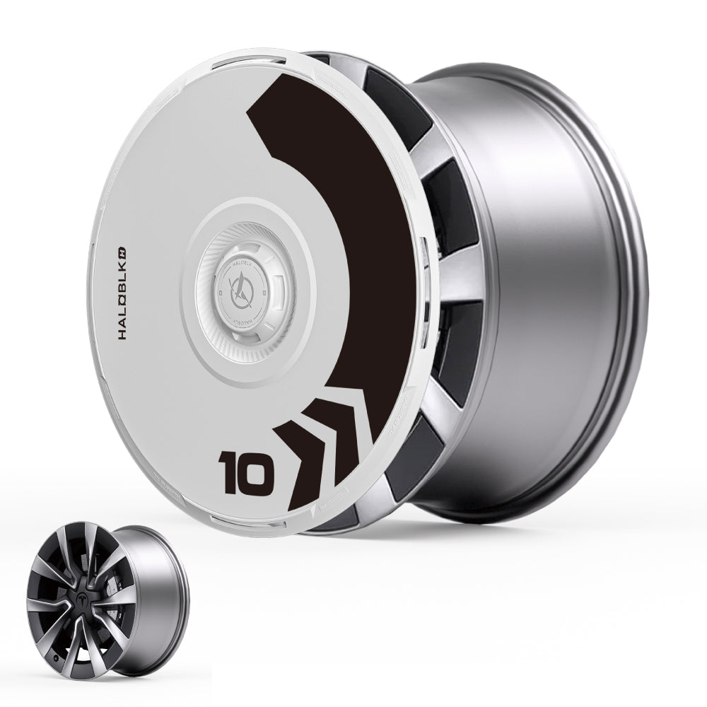 The HALOBLK Store HALODISC 2 Wheel Covers for Tesla Model 3 Highland 19" Nova Wheels feature a modern silver and black design, a white cover with black geometric patterns, the number 10, and "HALOBLK10" text. Uncovered version shown bottom left.