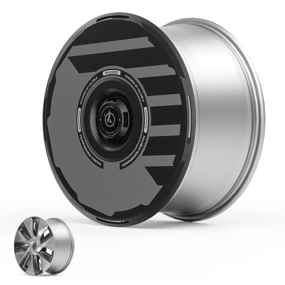 Two HALODISC 2 Wheel Covers for Tesla Model 3 (2017-2018, 19") from HALOBLK Store are shown: a large silver rim with a black cover featuring angled patterns, and a smaller open-spoke rim, both set against a white background.