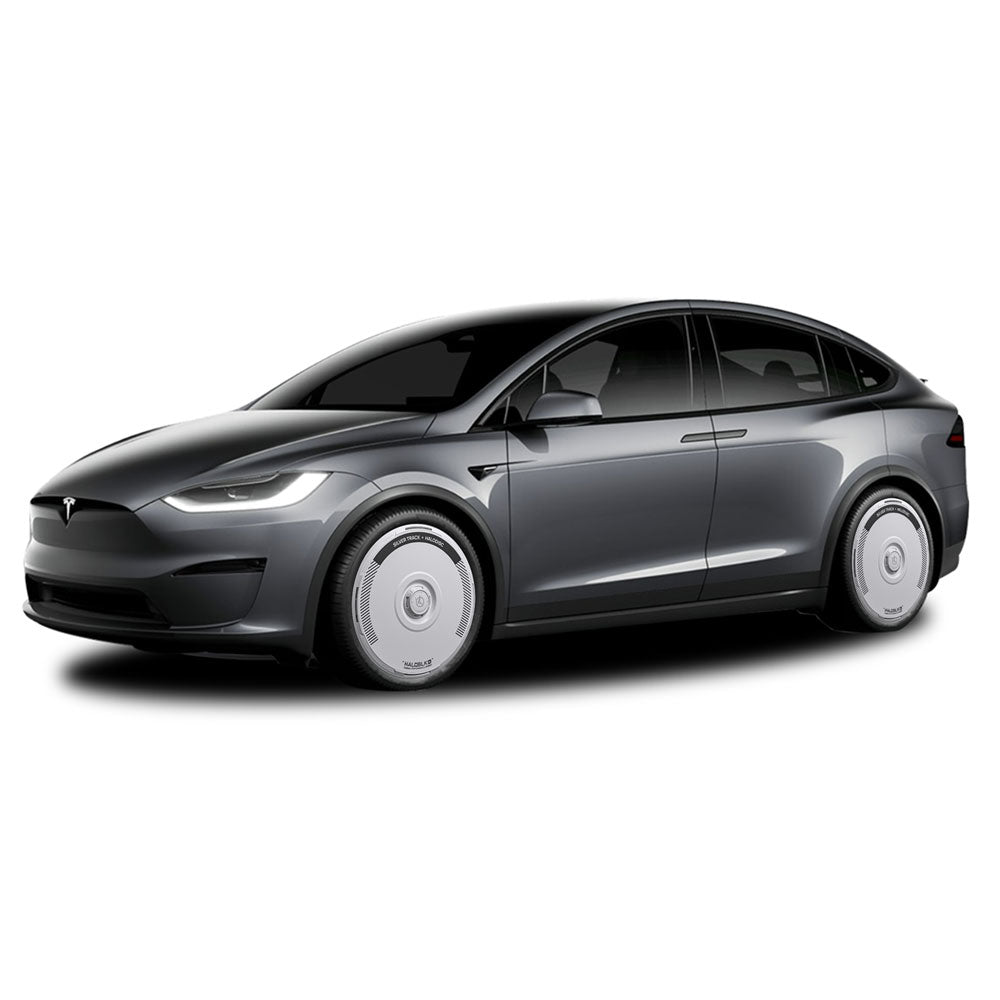 A Tesla Model X with HALODISC 2 Silver Track Wheel Covers (HALOBLK Store), designed for 2021-2025 20" Cyberstream wheels, is shown from a front-side angle against a white background, highlighting its sleek lines and distinctive style.