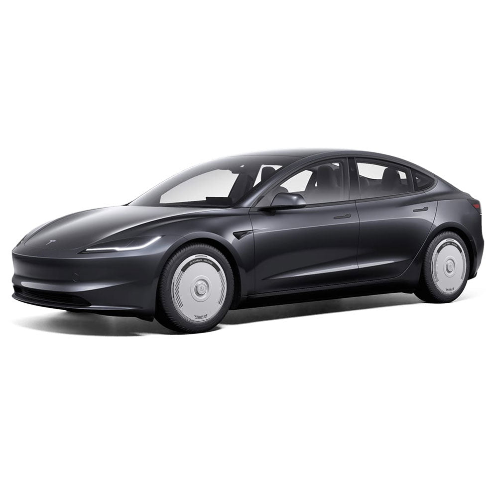 The HALOBLK Store’s HALODISC 2 Silver Track Wheel Covers for Tesla Model 3 Highland 20" Warp Wheels shown on a sleek, black electric sedan with aerodynamic design, front left view, on a white background.