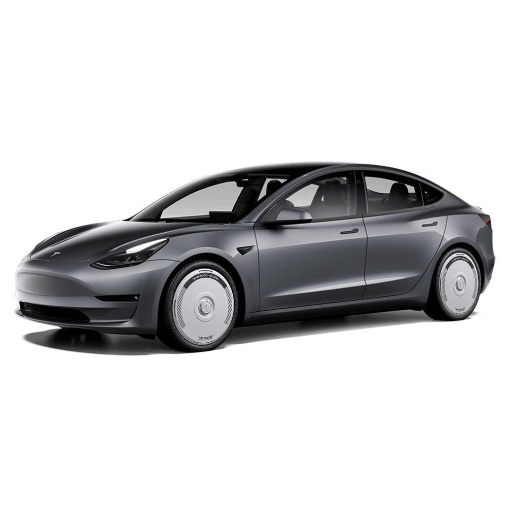 A Tesla Model 3 with minimalist styling and black-tinted windows features HALODISC 2 Silver Track wheel covers for 19" Stiletto Wheels (2018-2023) by HALOBLK Store, displayed on a white background.