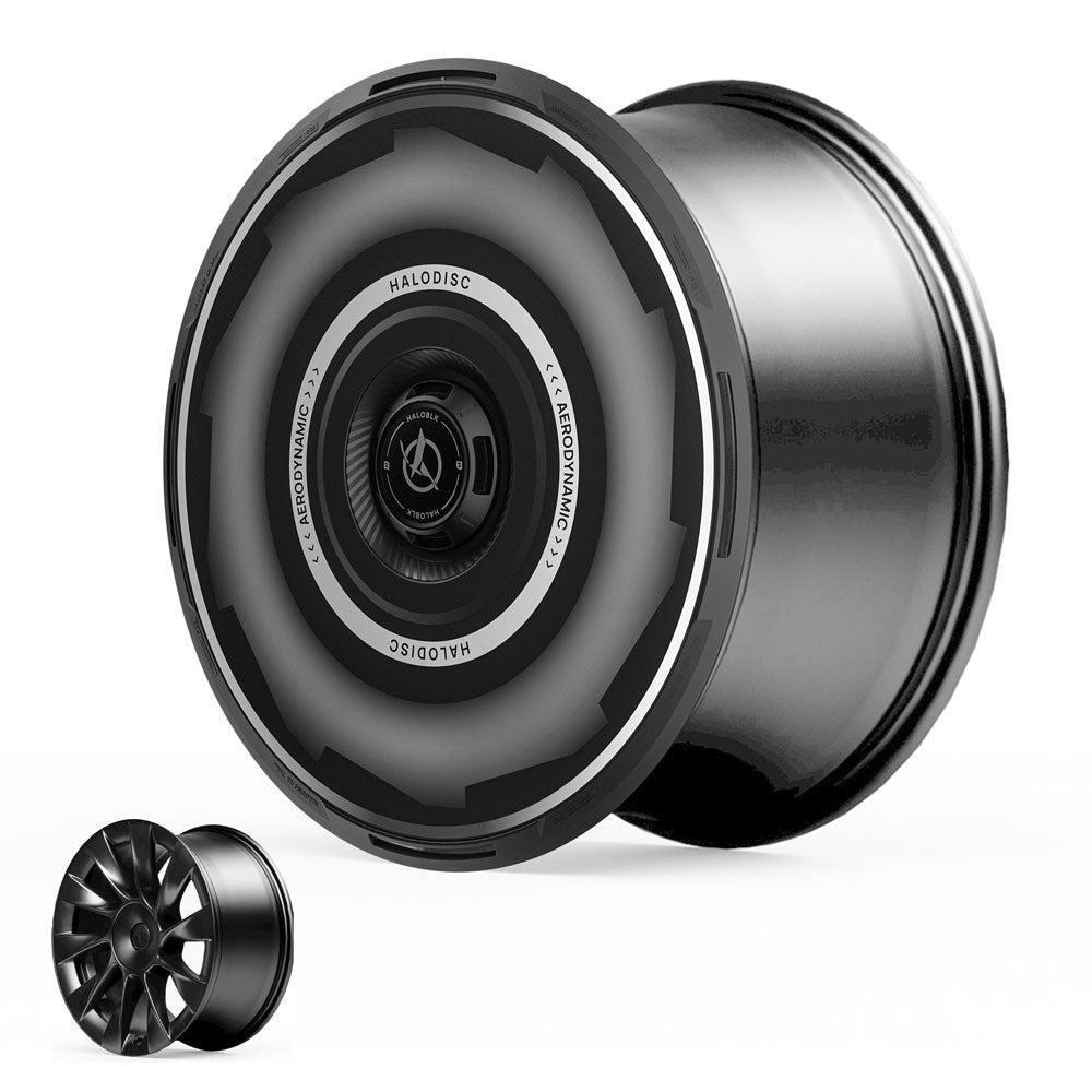 HALODISC 2 Wheel Covers for Tesla Model Y 20" Induction Wheels by HALOBLK Store shown: one with a smooth, modern disc design (Vision-GT), the other a classic multi-spoke style, both displayed on a white background.