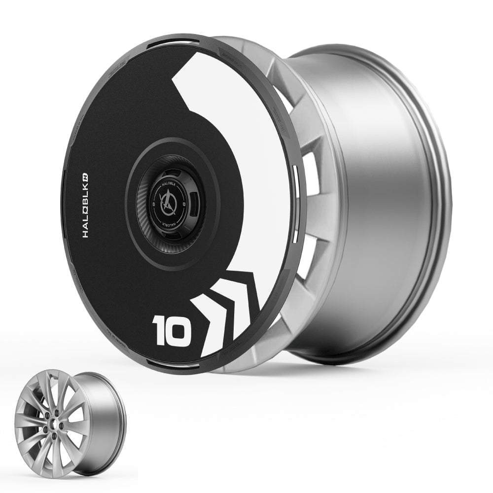 A comparison of two car wheel rims: the larger features HALOBLK Store’s HALODISC 2 Wheel Covers for Tesla Model S 19" Slipstream Wheels (Arrow design), while the smaller has a traditional exposed spoke look.