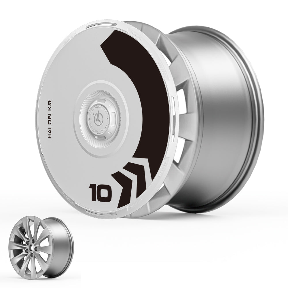 A comparison of two silver car wheels: one features HALODISC 2 Wheel Covers for Tesla Model S 19" Slipstream Wheels by HALOBLK Store, with an Arrow design, while the other displays a traditional open-spoke alloy rim.