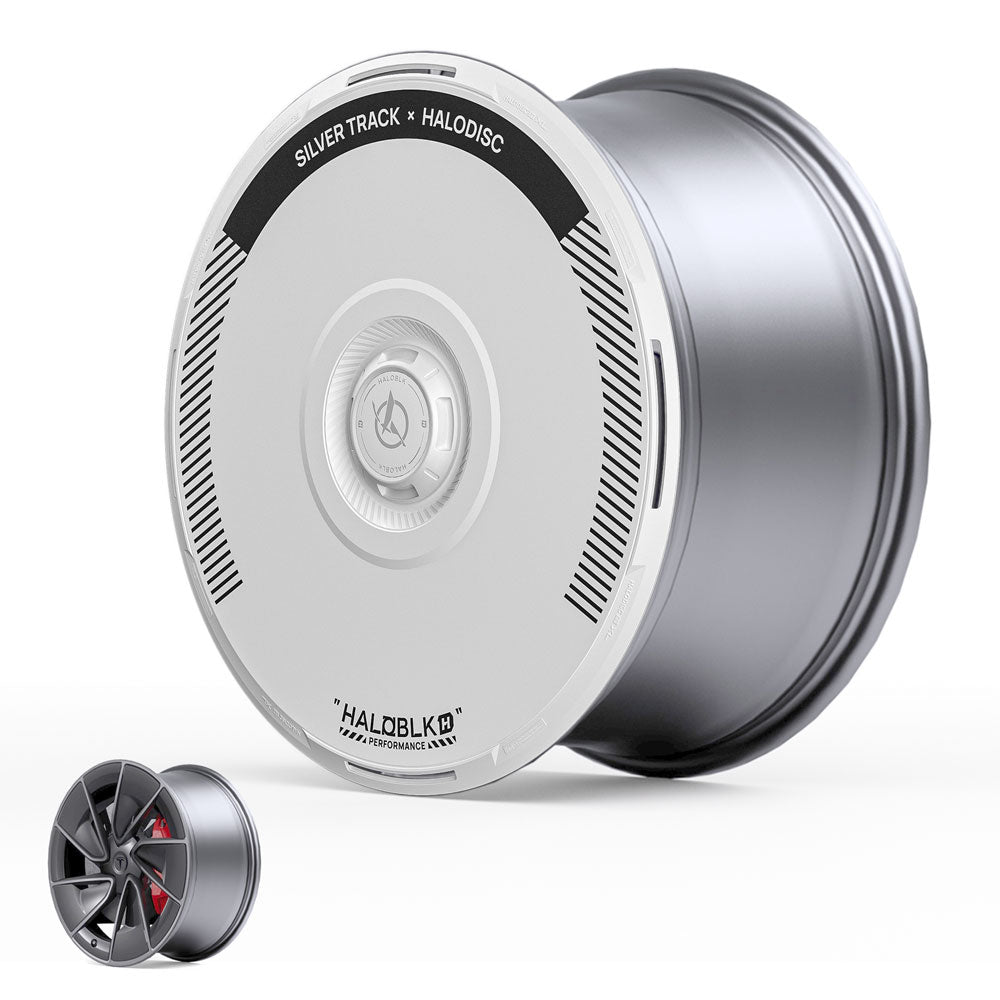 The HALODISC 2 Wheel Covers by HALOBLK Store fit Tesla Model 3 Highland 20" Warp Wheels in Silver Track, featuring a silver and black rim with a disc-like white cover labeled SILVER TRACK × HALODISC and a revealed five-spoke design underneath.