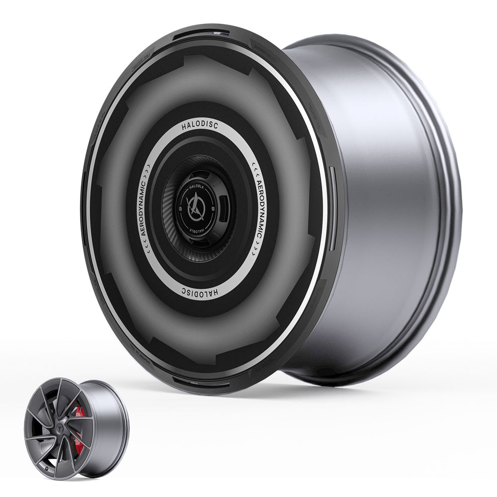 A close-up of the HALODISC 2 Wheel Covers for Tesla Model 3 Highland 20" Warp Wheels by HALOBLK Store showcases its sleek, aerodynamic design, while an inset reveals the traditional multi-spoke wheel beneath the cover.